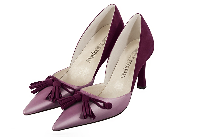 Mauve purple and wine red women's open arch dress pumps. Pointed toe. High slim heel. Front view - Florence KOOIJMAN